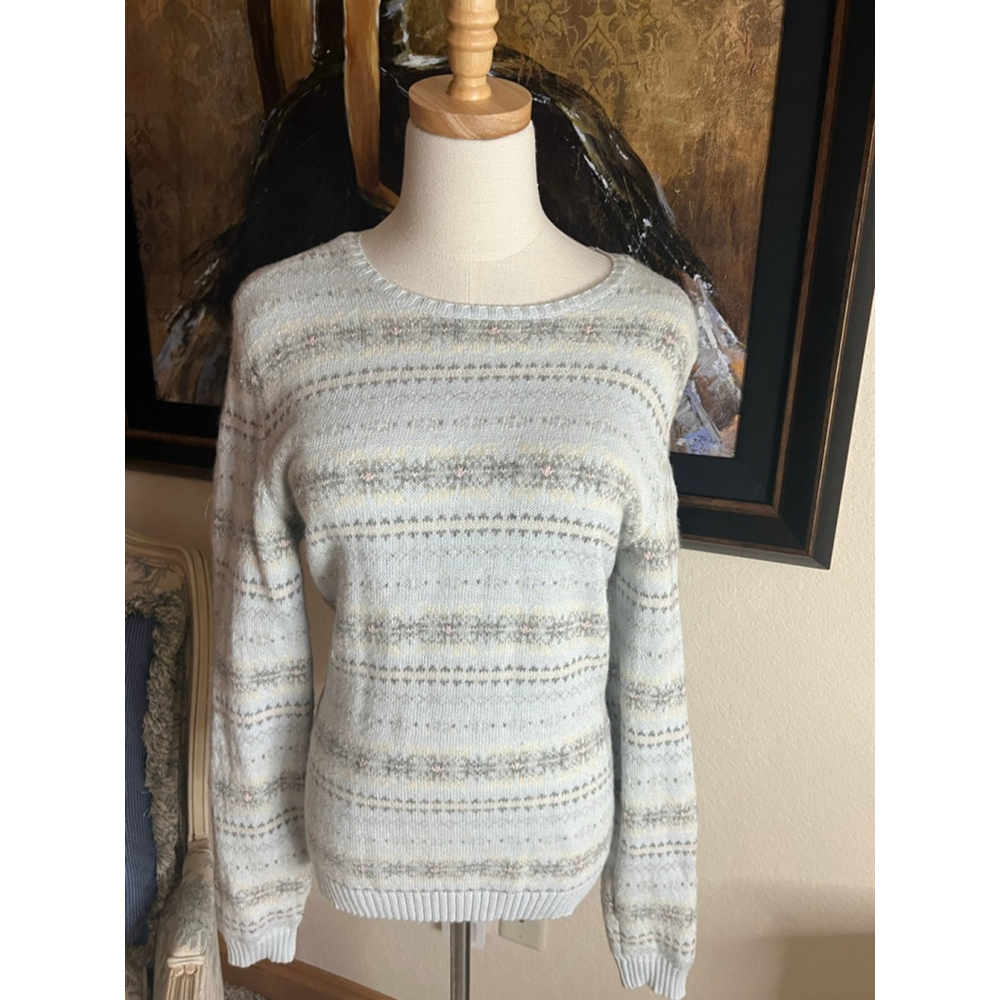 Women's LAUREN Ralph Lauren Crew Neck Sweater M Light Blue Gray Fair Isle